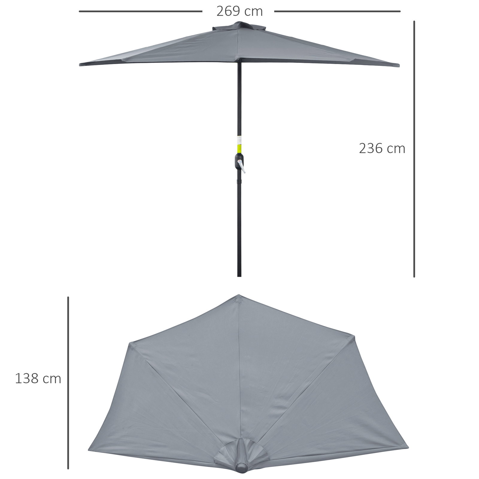 Chapéu de sol 269x138x236 cm guarda-sol de jardim com manivela e forma semicircular tecido poliéster 180 g/m² para exterior terraço pátio piscina cinzento