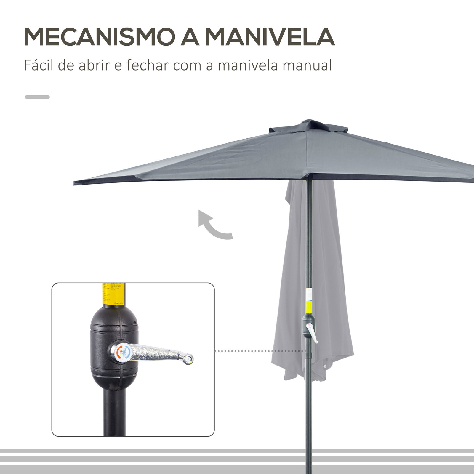 Chapéu de sol 269x138x236 cm guarda-sol de jardim com manivela e forma semicircular tecido poliéster 180 g/m² para exterior terraço pátio piscina cinzento