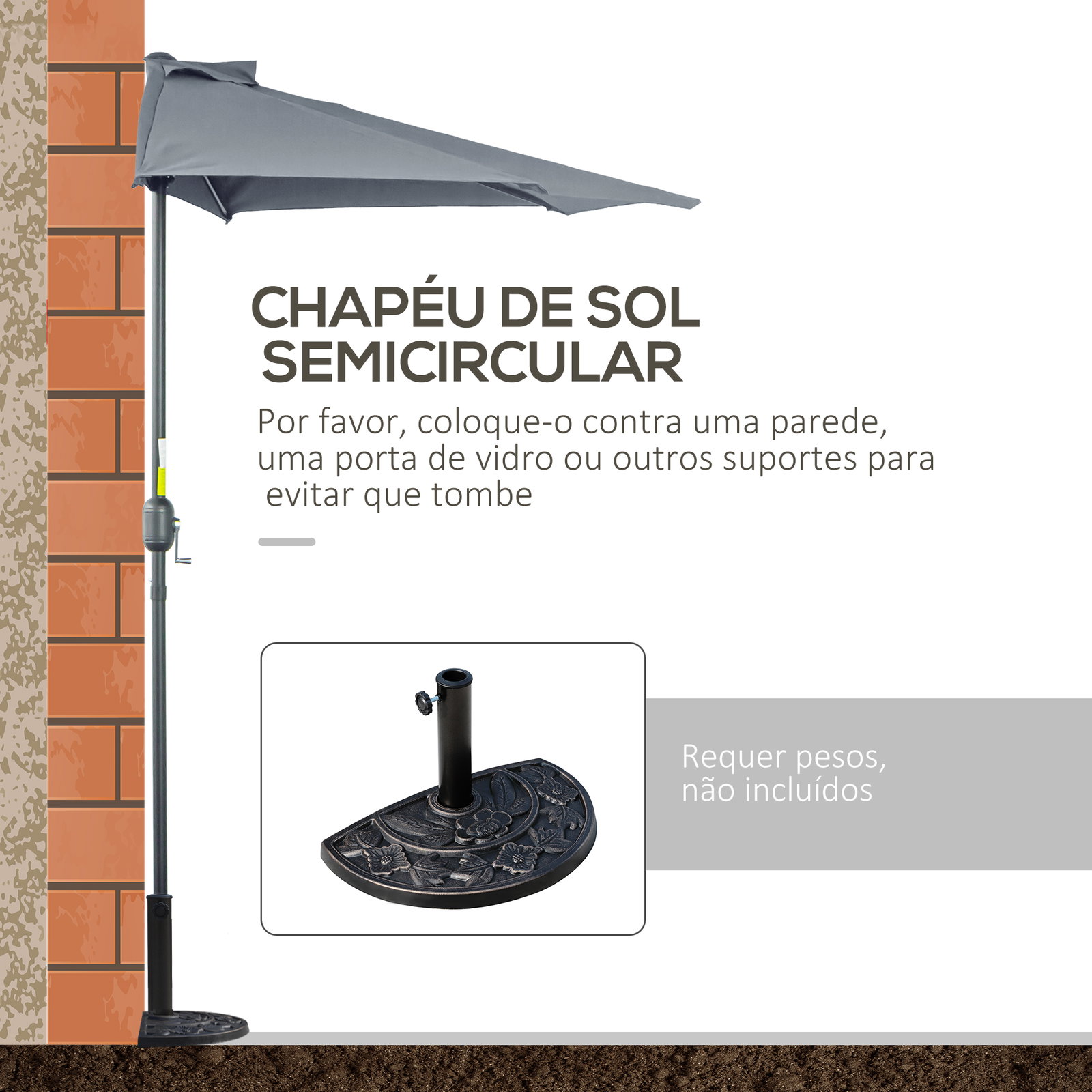 Chapéu de sol 269x138x236 cm guarda-sol de jardim com manivela e forma semicircular tecido poliéster 180 g/m² para exterior terraço pátio piscina cinzento