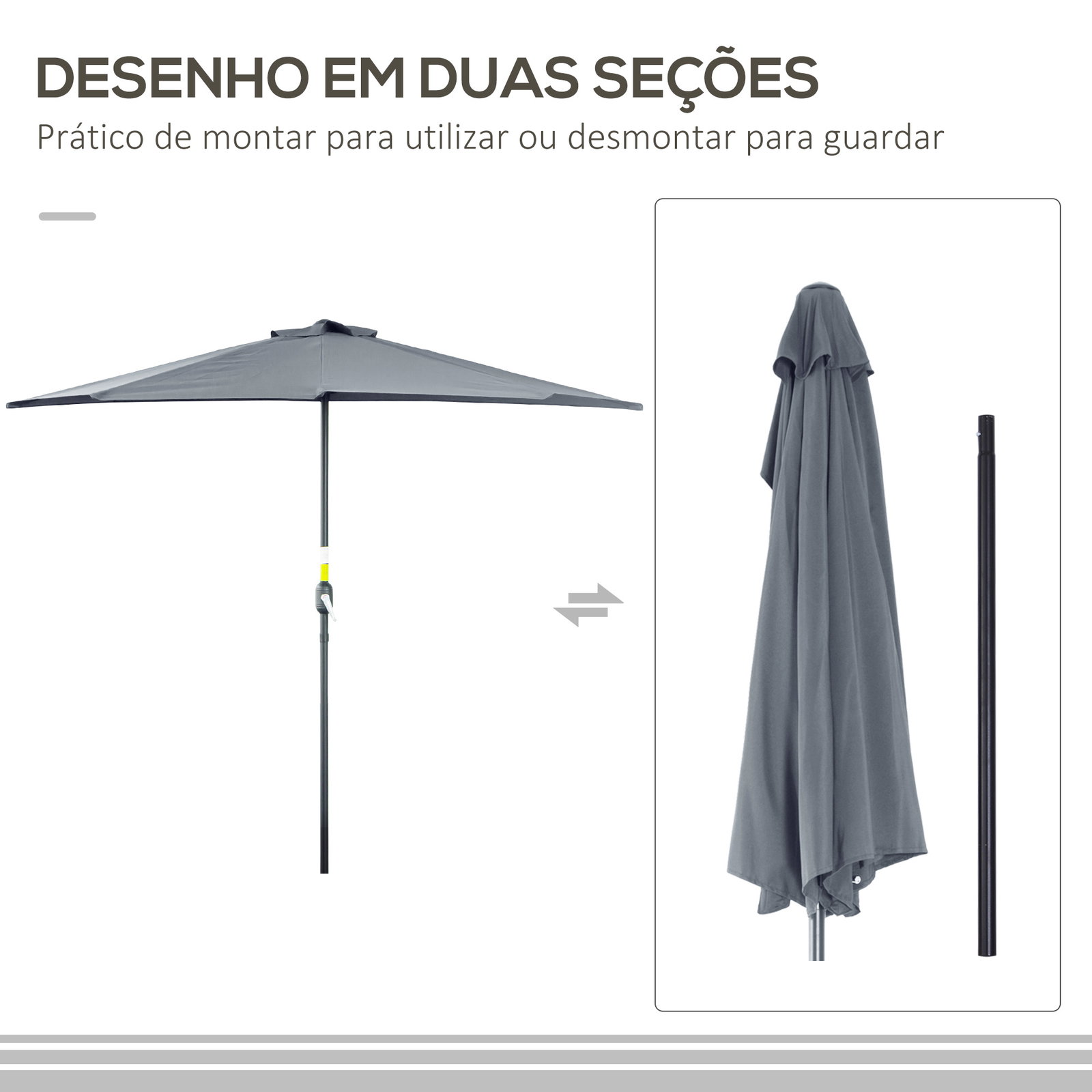 Chapéu de sol 269x138x236 cm guarda-sol de jardim com manivela e forma semicircular tecido poliéster 180 g/m² para exterior terraço pátio piscina cinzento
