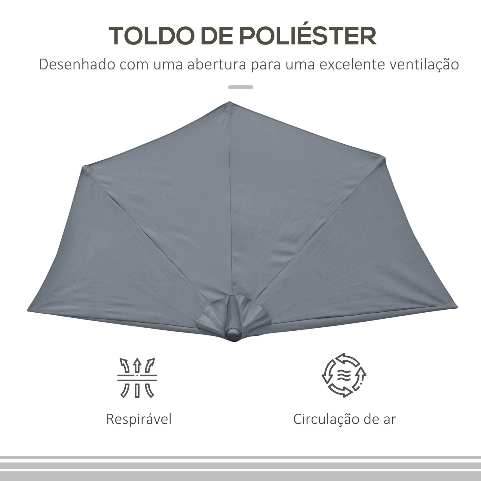 Chapéu de sol 269x138x236 cm guarda-sol de jardim com manivela e forma semicircular tecido poliéster 180 g/m² para exterior terraço pátio piscina cinzento