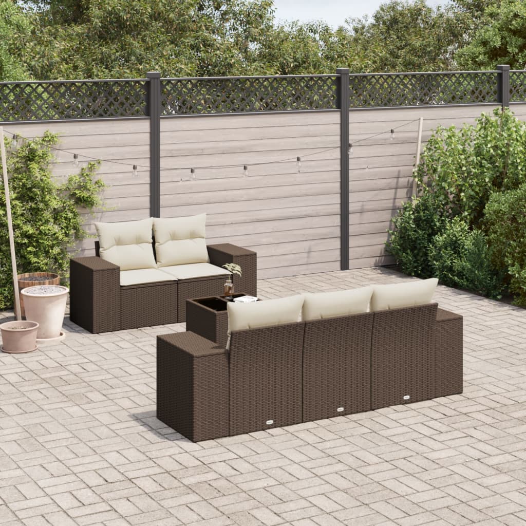 6 Pcs conjunto de sofás jardim c/ almofadões vime PE castanho