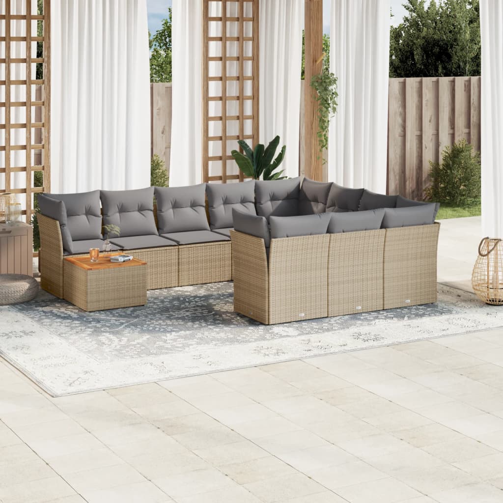 11 Pcs conjunto sofás de jardim c/ almofadões vime PE bege