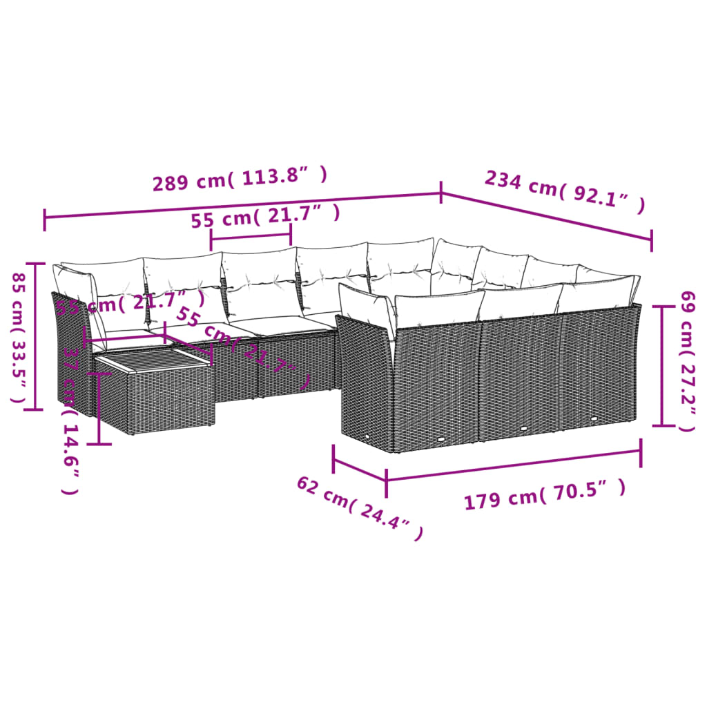 11 Pcs conjunto sofás de jardim c/ almofadões vime PE bege