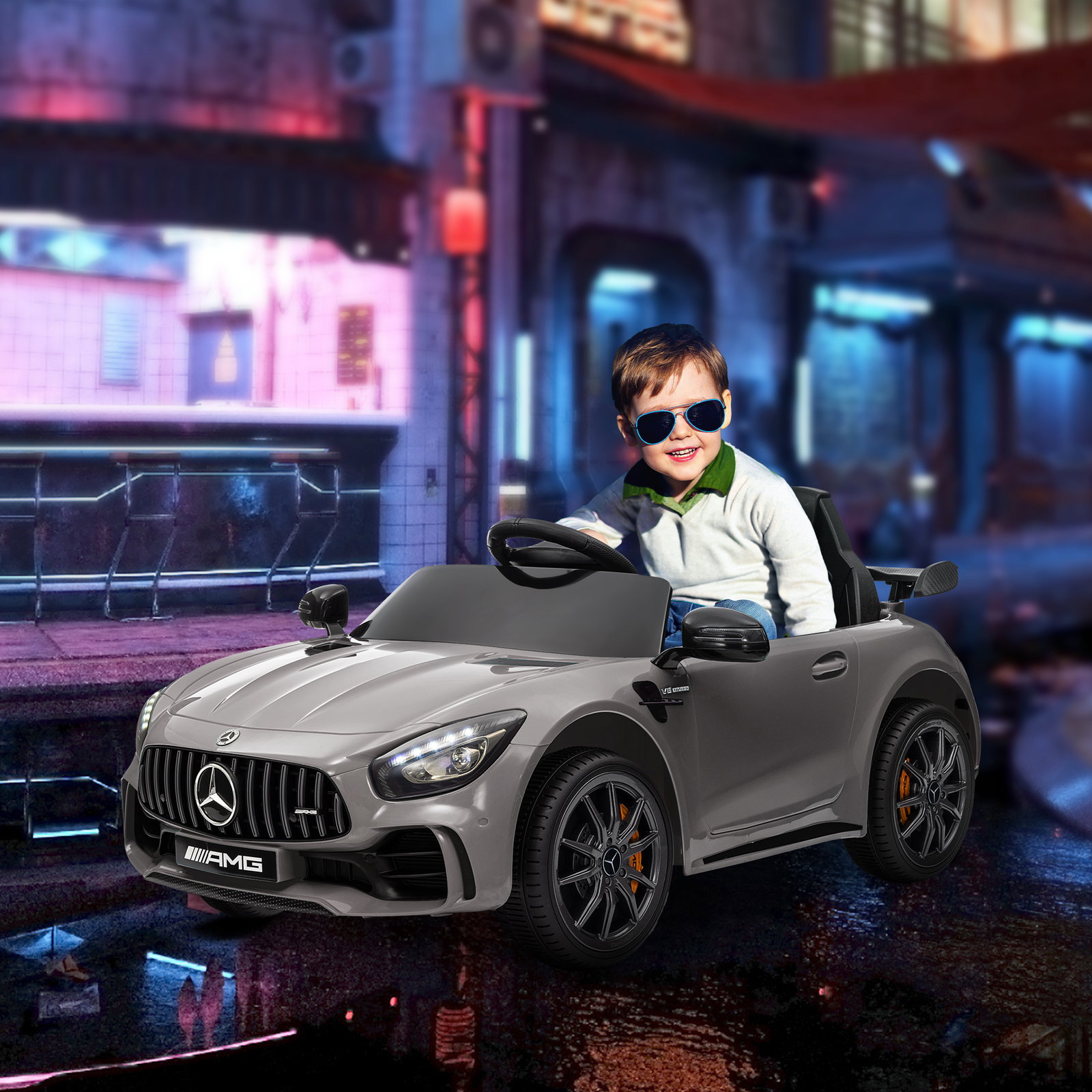 Carro elétrico para crianças carro mercedes-benz amg gtr com bateria 12v faróis buzina e música 108x67x46 cm prata