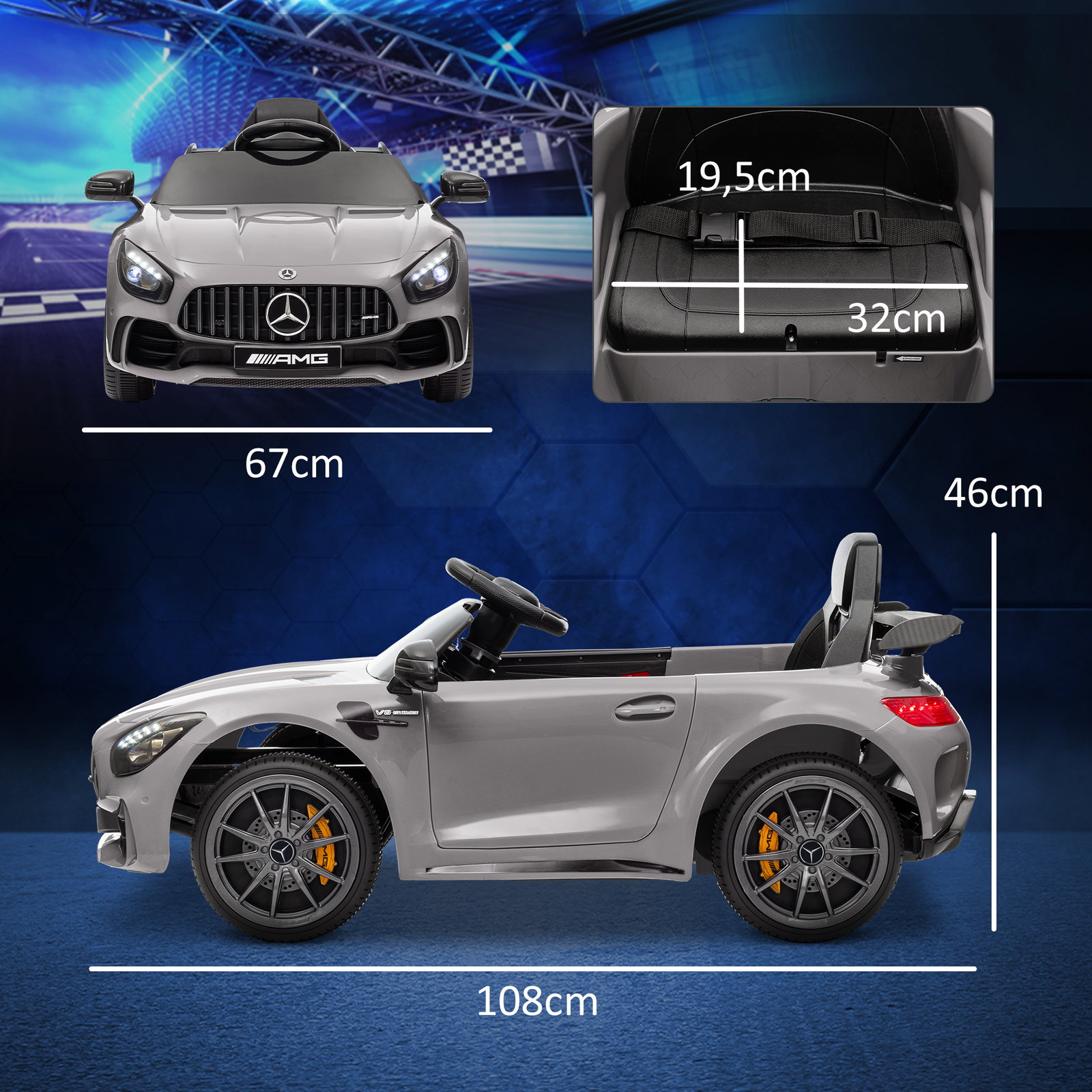 Carro elétrico para crianças carro mercedes-benz amg gtr com bateria 12v faróis buzina e música 108x67x46 cm prata