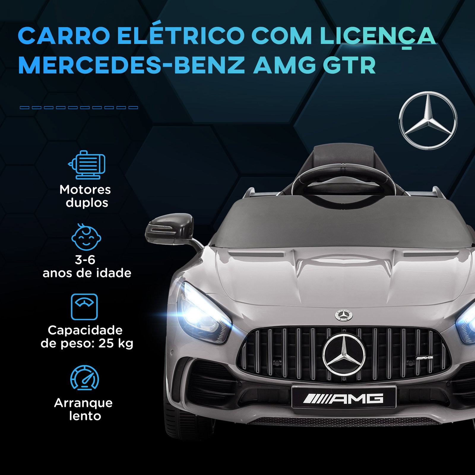 Carro elétrico para crianças carro mercedes-benz amg gtr com bateria 12v faróis buzina e música 108x67x46 cm prata