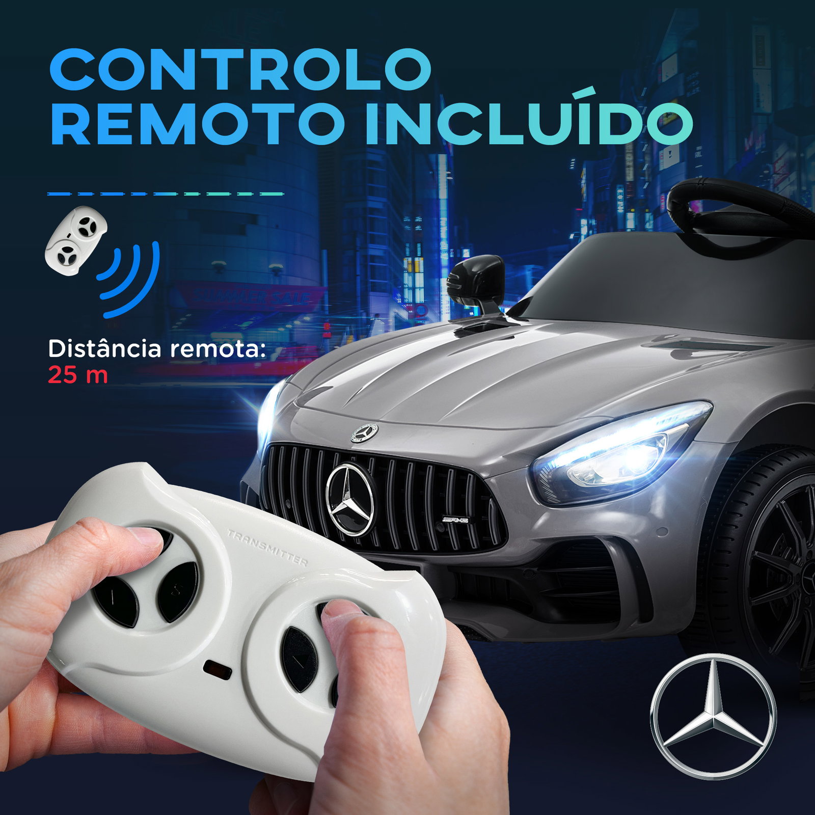 Carro elétrico para crianças carro mercedes-benz amg gtr com bateria 12v faróis buzina e música 108x67x46 cm prata
