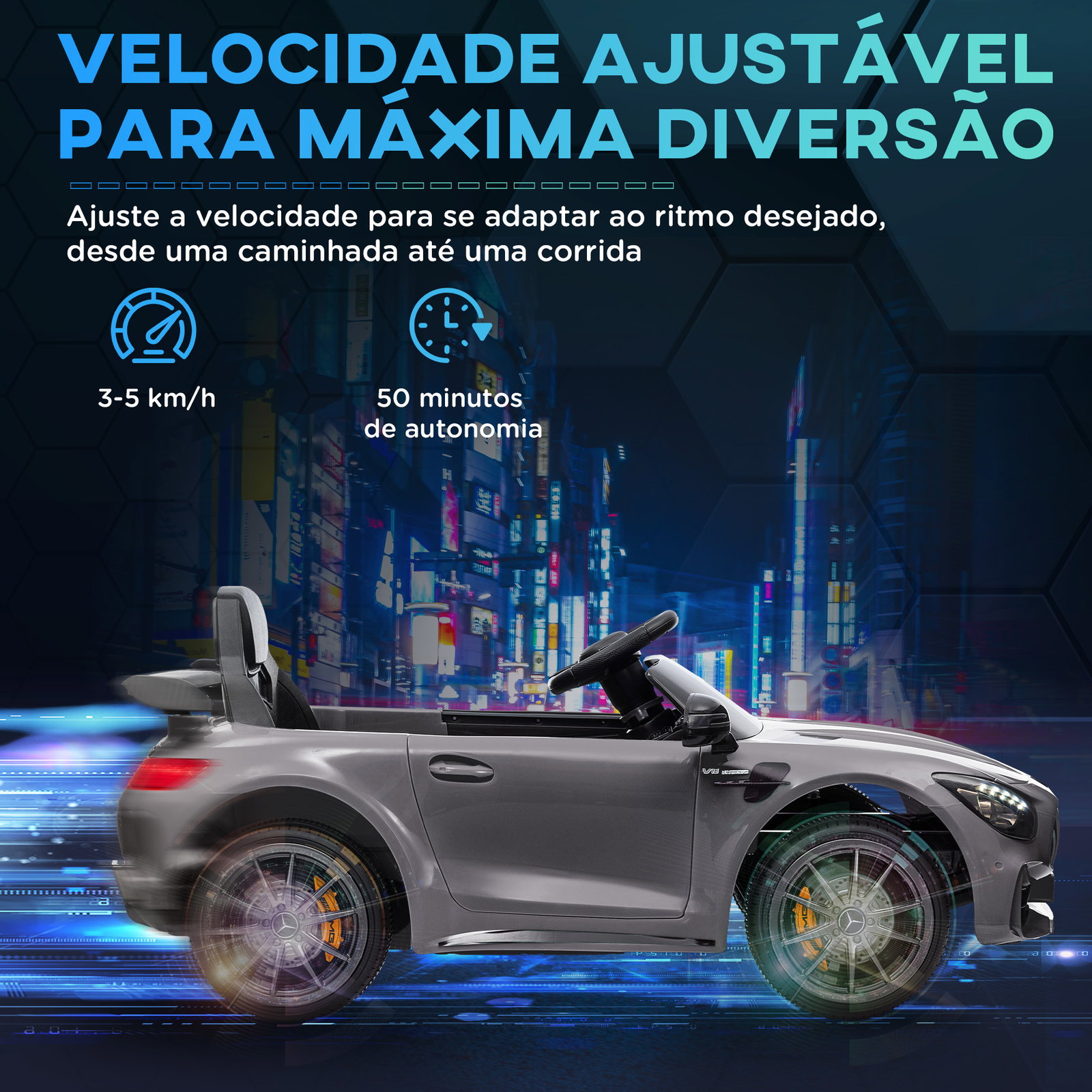 Carro elétrico para crianças carro mercedes-benz amg gtr com bateria 12v faróis buzina e música 108x67x46 cm prata