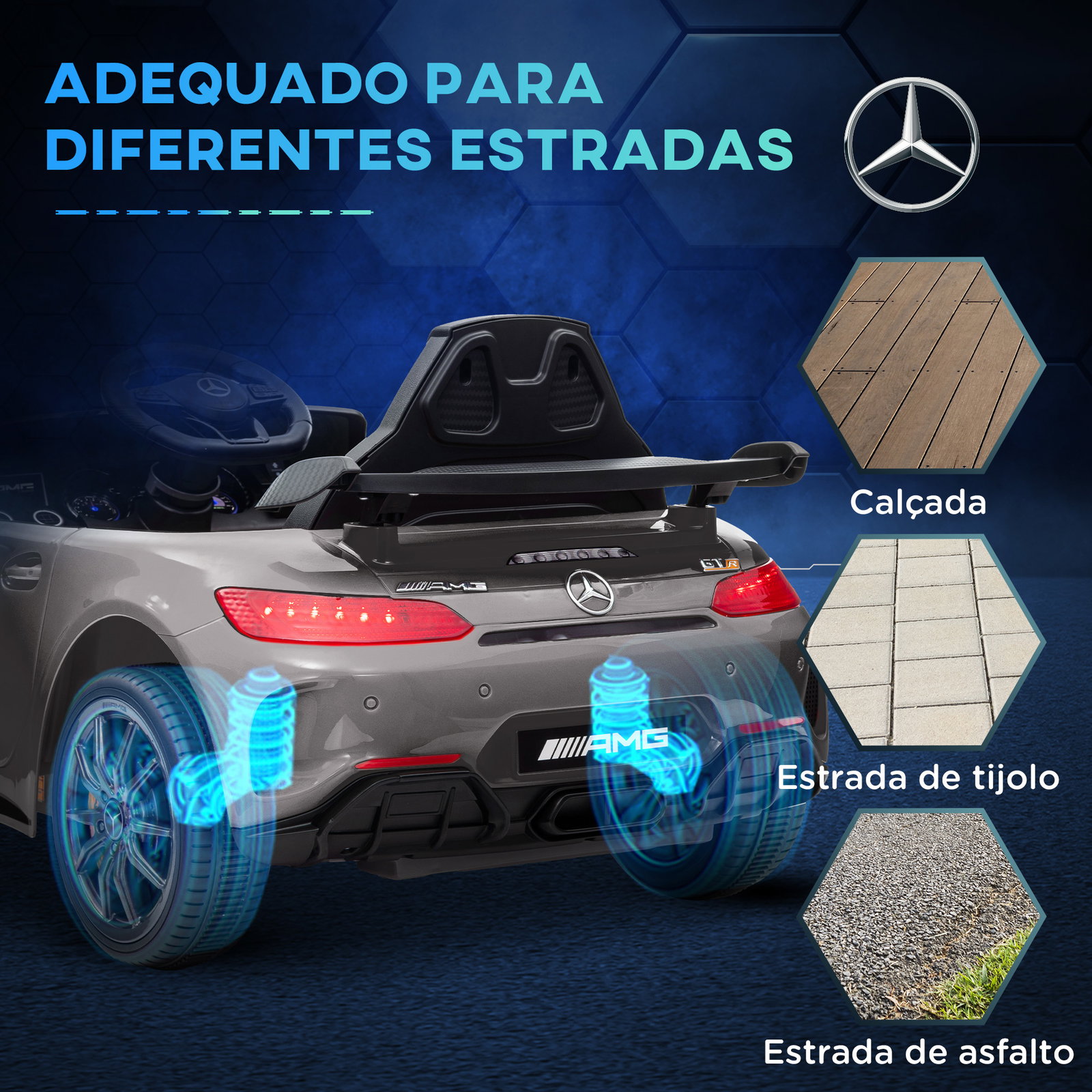 Carro elétrico para crianças carro mercedes-benz amg gtr com bateria 12v faróis buzina e música 108x67x46 cm prata