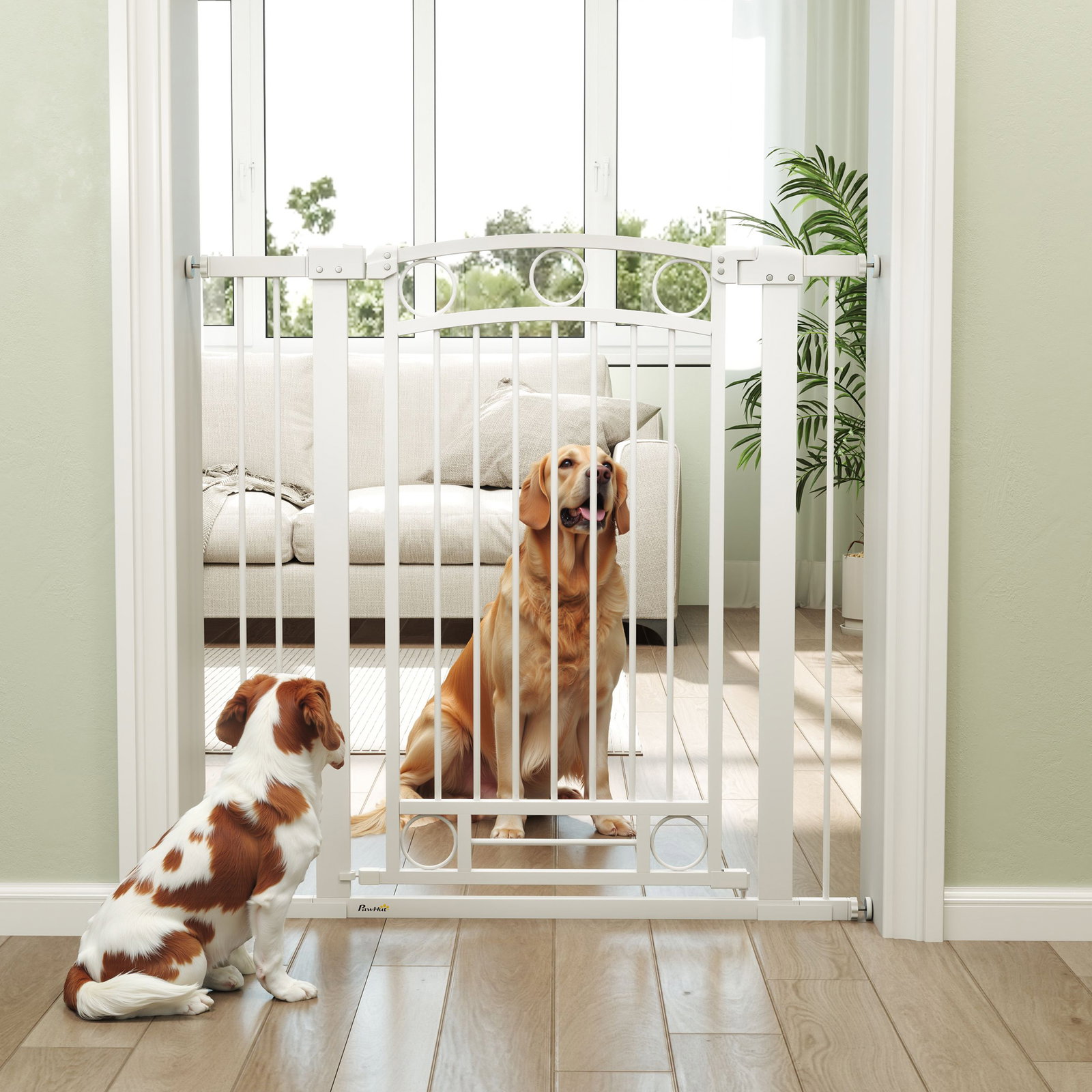 Barreira de segurança para cães com largura ajustável 76-104 cm 2 extensões para escadas e portas 76-104x104 cm branco