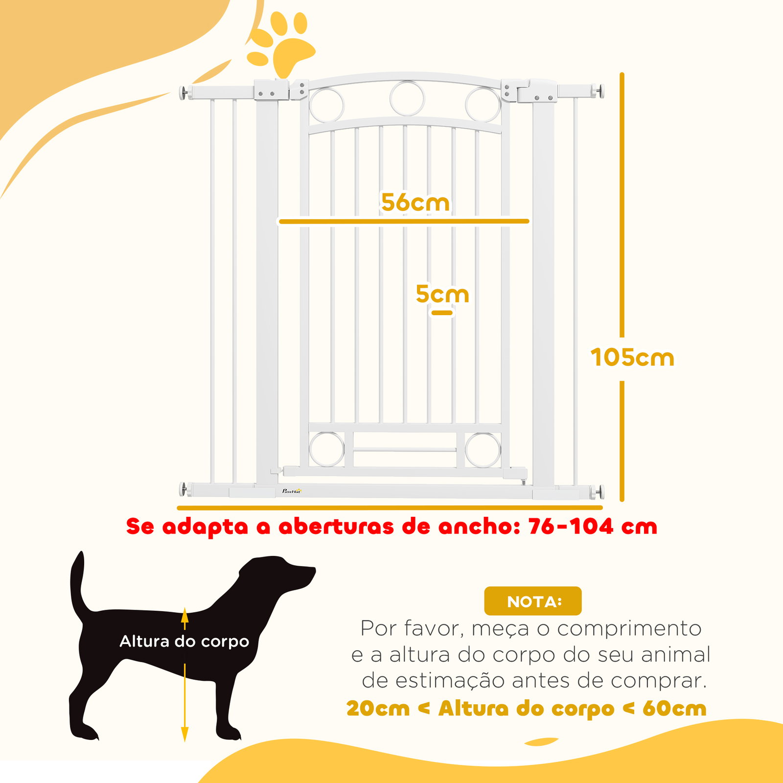 Barreira de segurança para cães com largura ajustável 76-104 cm 2 extensões para escadas e portas 76-104x104 cm branco