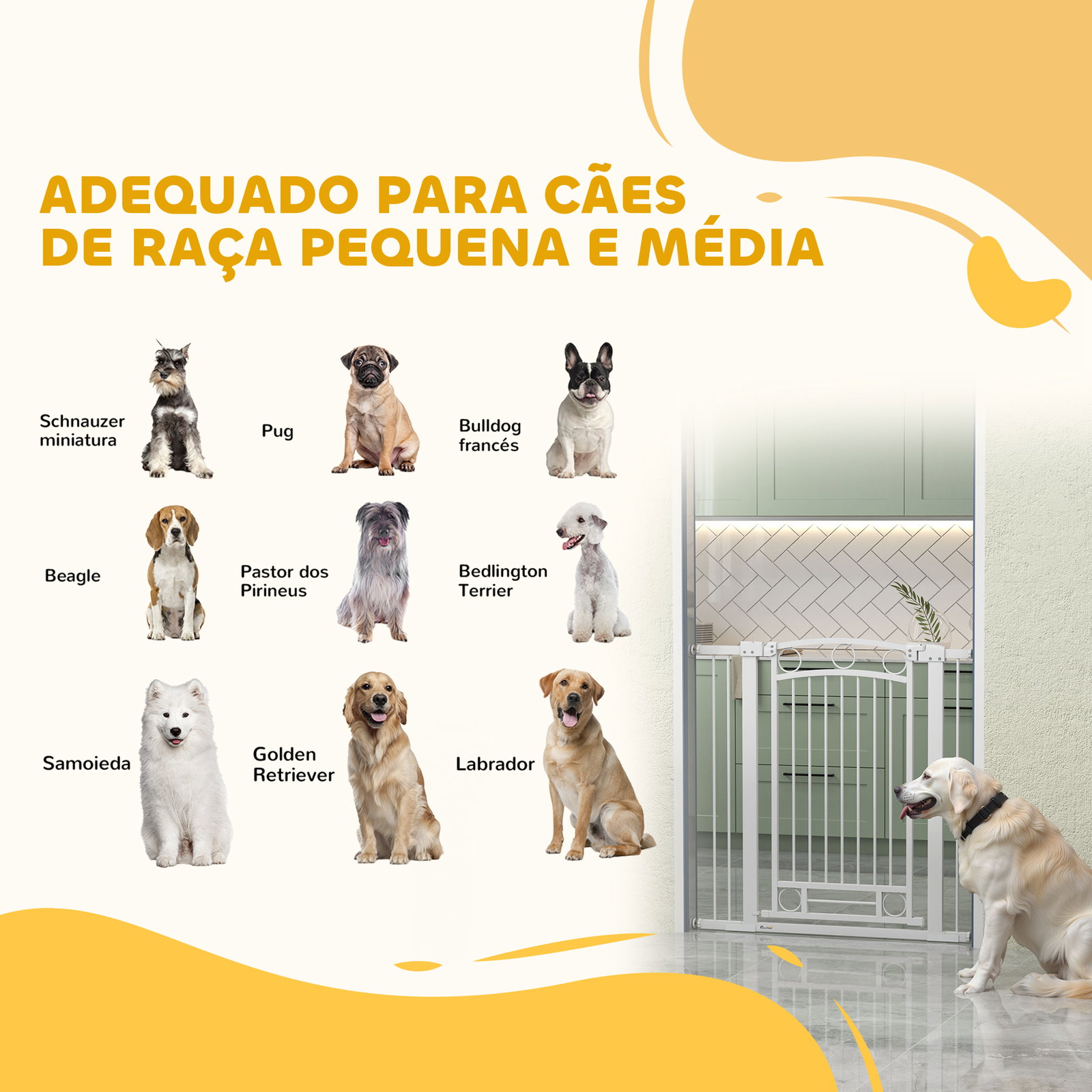 Barreira de segurança para cães com largura ajustável 76-104 cm 2 extensões para escadas e portas 76-104x104 cm branco