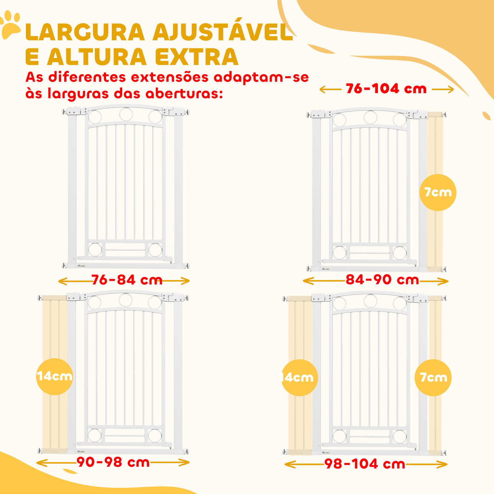Barreira de segurança para cães com largura ajustável 76-104 cm 2 extensões para escadas e portas 76-104x104 cm branco