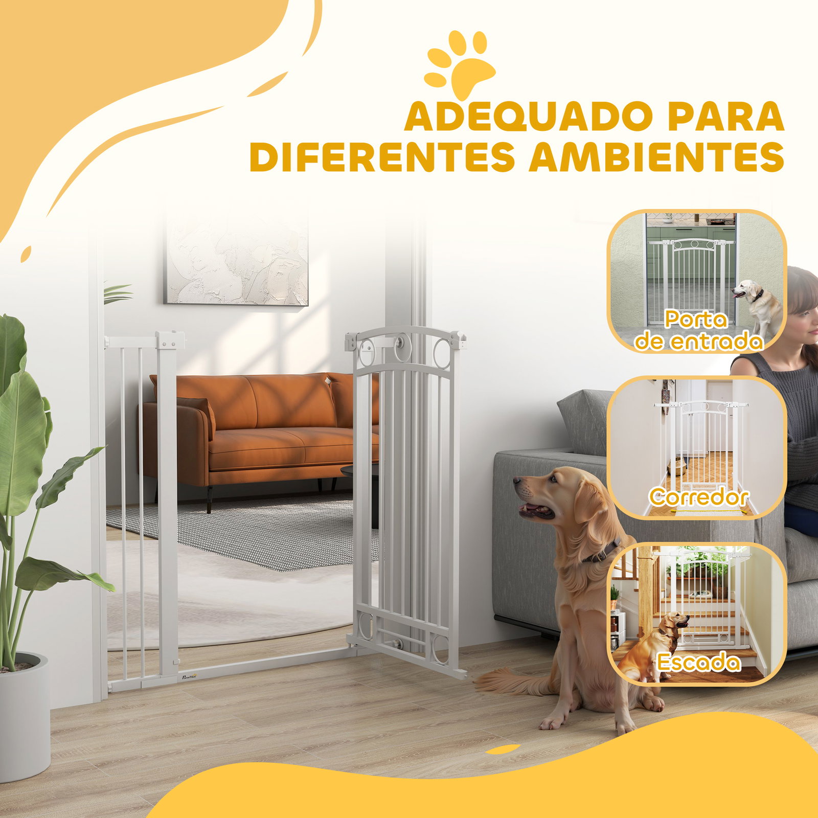 Barreira de segurança para cães com largura ajustável 76-104 cm 2 extensões para escadas e portas 76-104x104 cm branco