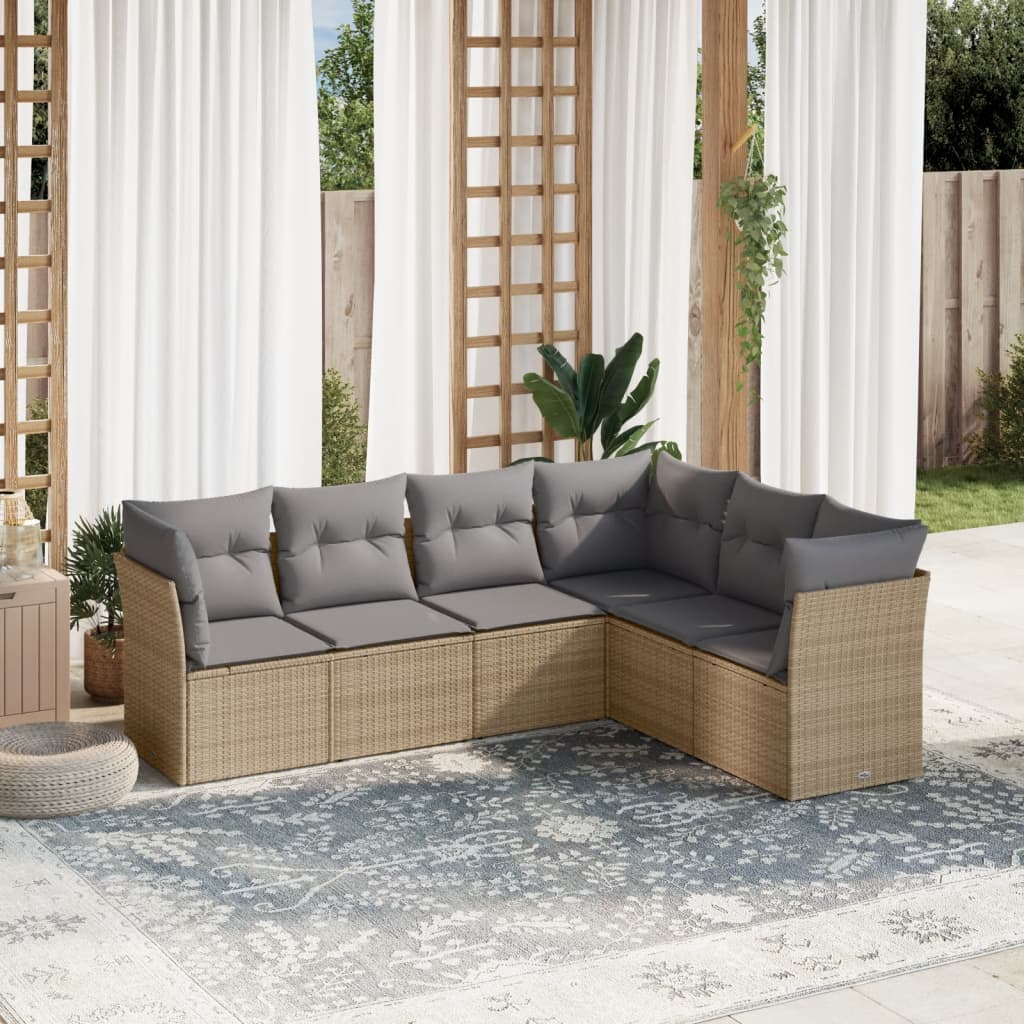 6 Pcs conjunto de sofás p/ jardim com almofadões vime PE bege