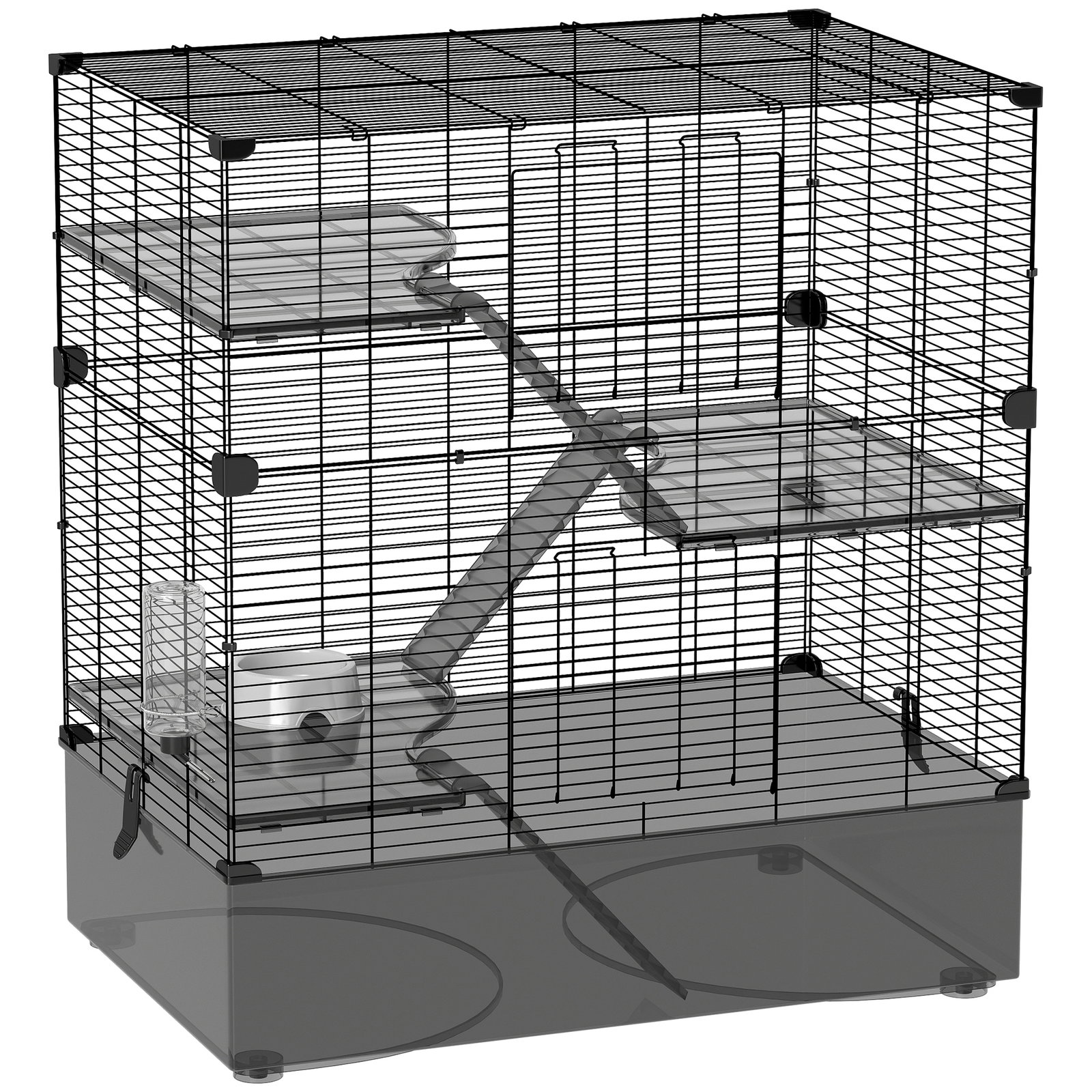 Gaiola para pequenos animais de 4 níveis com bandeja inferior gaiola para roedores com rampas comedouro e bebedouro 73x47x80 cm preto