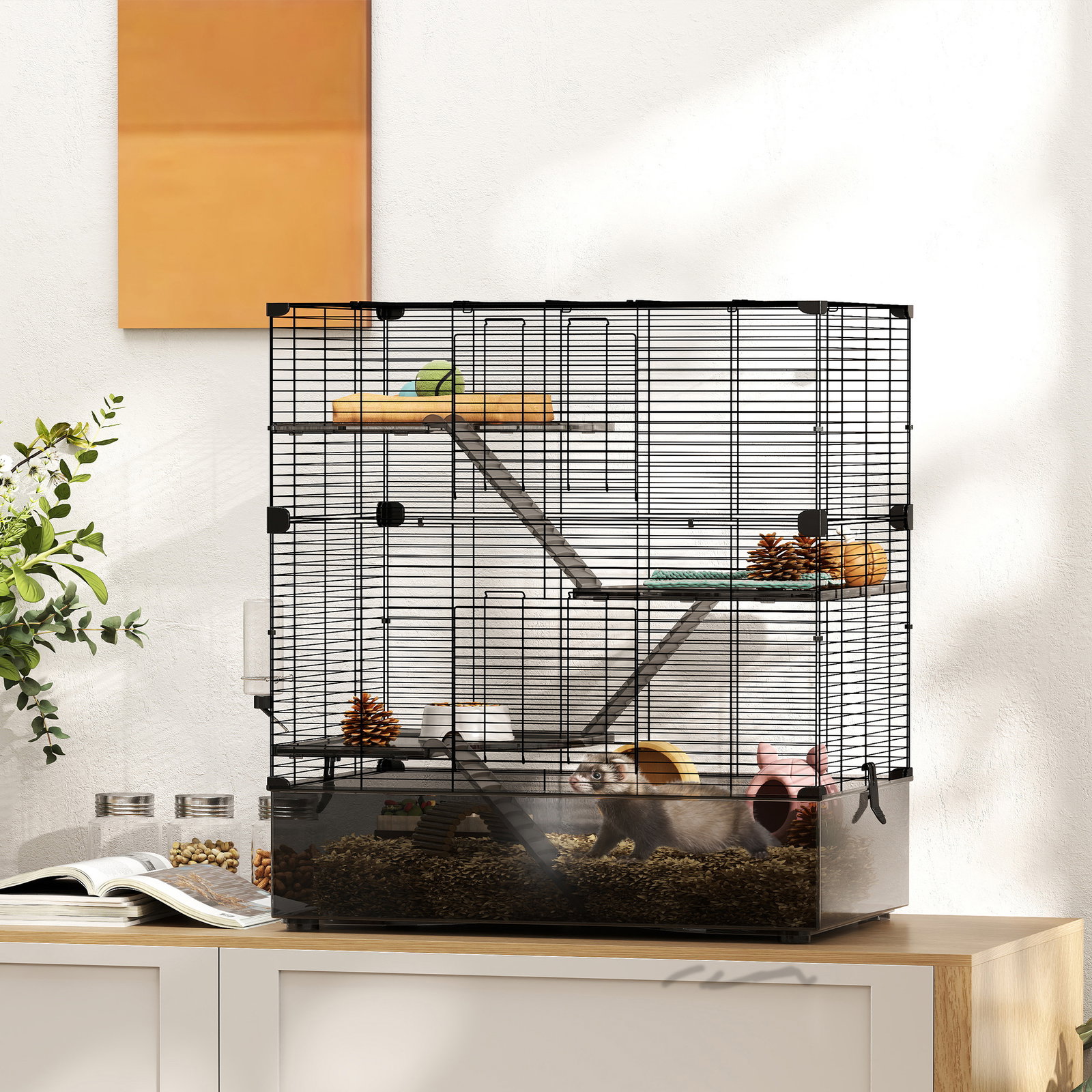 Gaiola para pequenos animais de 4 níveis com bandeja inferior gaiola para roedores com rampas comedouro e bebedouro 73x47x80 cm preto