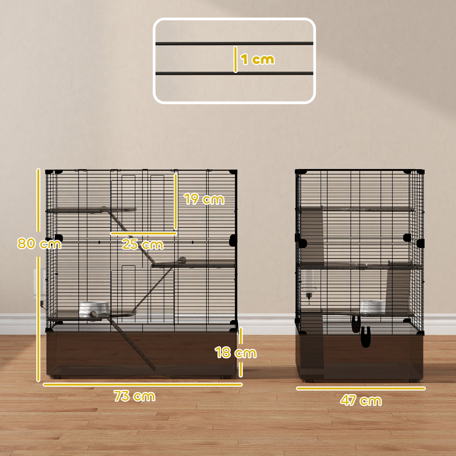 Gaiola para pequenos animais de 4 níveis com bandeja inferior gaiola para roedores com rampas comedouro e bebedouro 73x47x80 cm preto