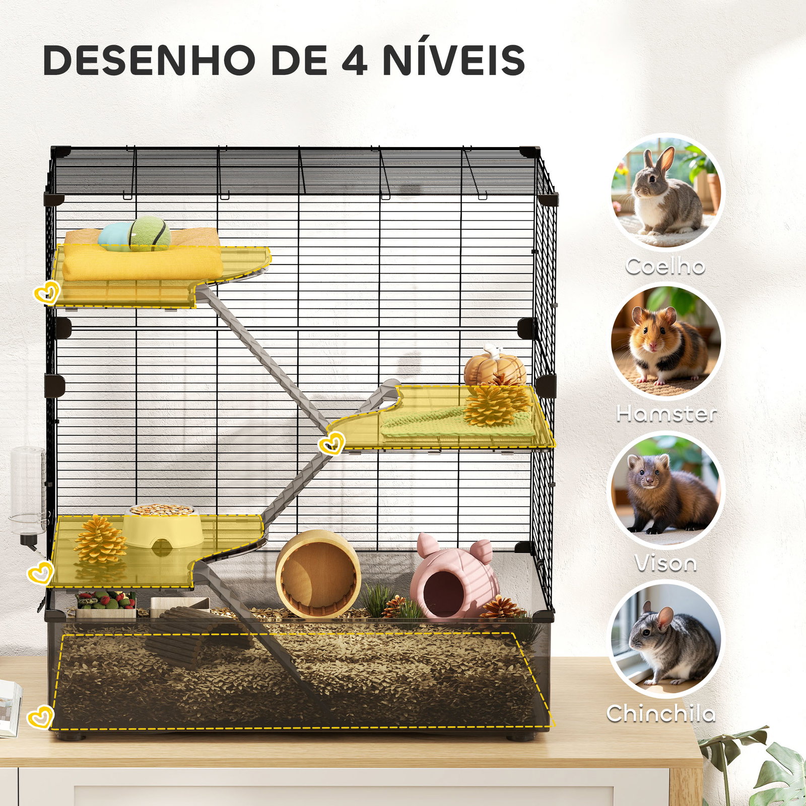 Gaiola para pequenos animais de 4 níveis com bandeja inferior gaiola para roedores com rampas comedouro e bebedouro 73x47x80 cm preto
