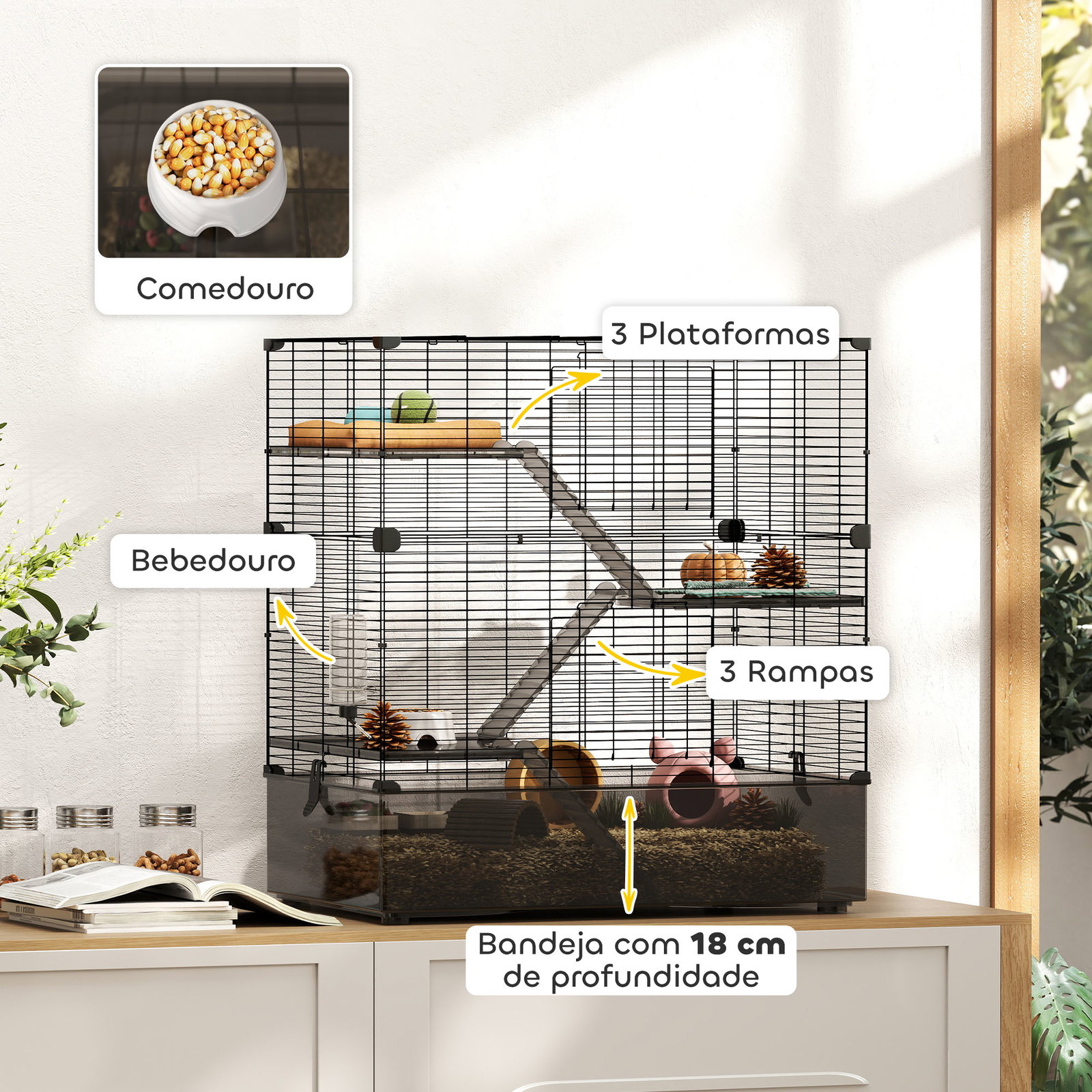 Gaiola para pequenos animais de 4 níveis com bandeja inferior gaiola para roedores com rampas comedouro e bebedouro 73x47x80 cm preto
