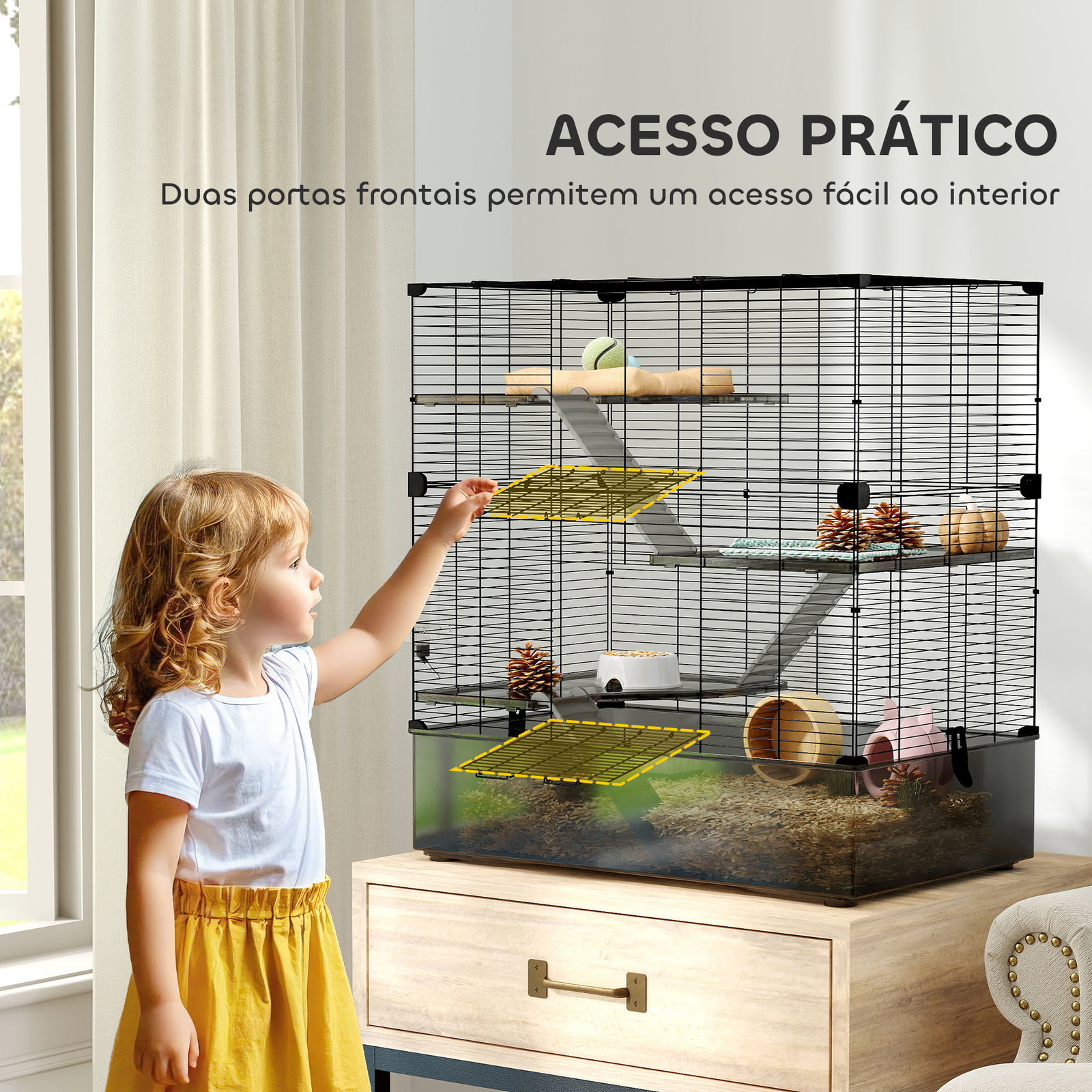 Gaiola para pequenos animais de 4 níveis com bandeja inferior gaiola para roedores com rampas comedouro e bebedouro 73x47x80 cm preto