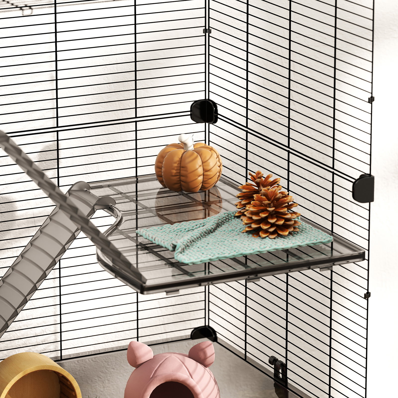 Gaiola para pequenos animais de 4 níveis com bandeja inferior gaiola para roedores com rampas comedouro e bebedouro 73x47x80 cm preto