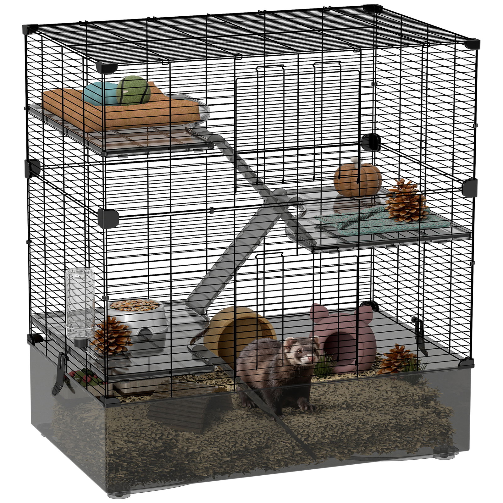 Gaiola para pequenos animais de 4 níveis com bandeja inferior gaiola para roedores com rampas comedouro e bebedouro 73x47x80 cm preto