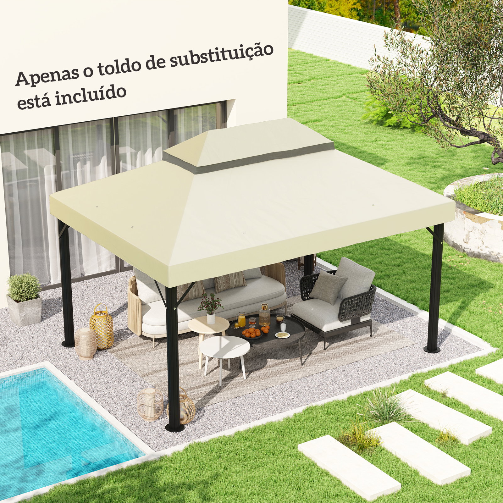 Toldo de substituição para pérgola 4x3 m toldo para pérgola com teto duplo e proteção UV 30+ creme