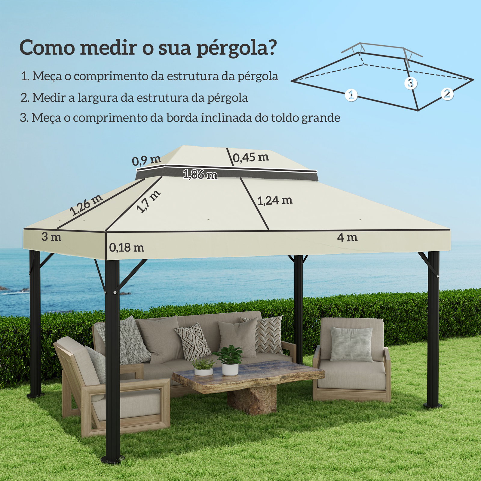 Toldo de substituição para pérgola 4x3 m toldo para pérgola com teto duplo e proteção UV 30+ creme