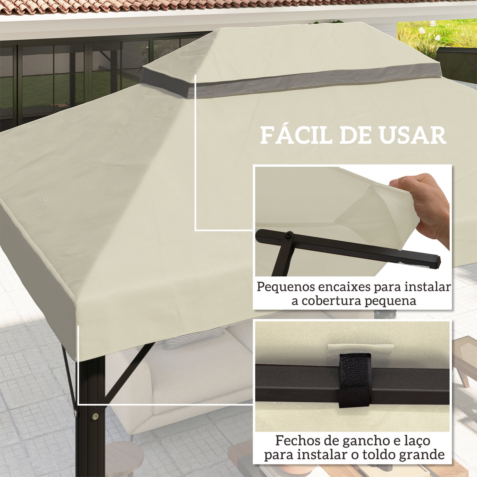 Toldo de substituição para pérgola 4x3 m toldo para pérgola com teto duplo e proteção UV 30+ creme