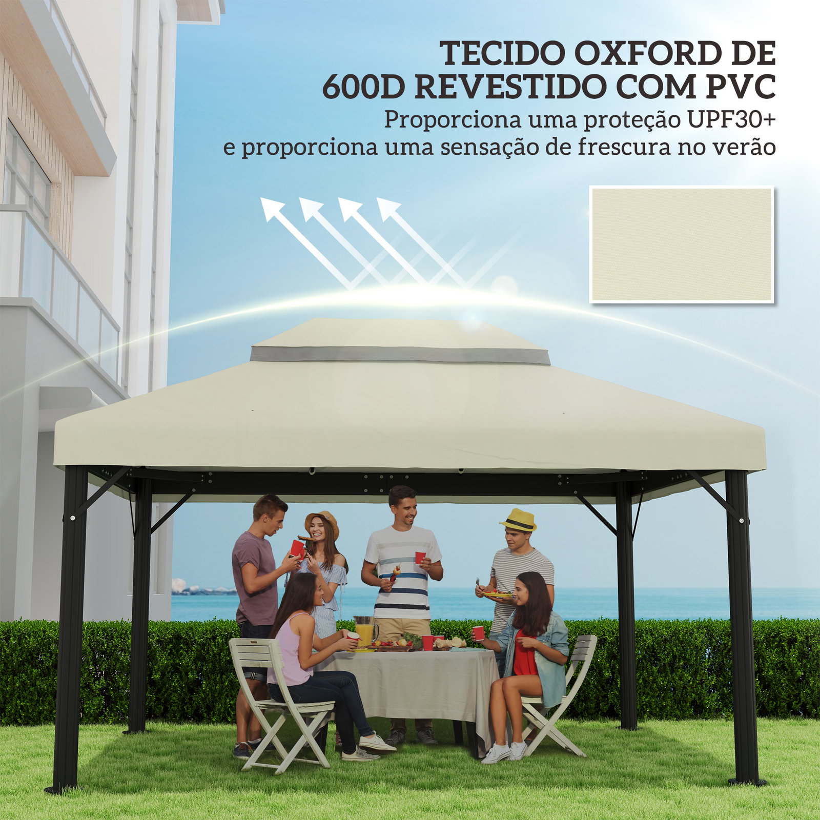 Toldo de substituição para pérgola 4x3 m toldo para pérgola com teto duplo e proteção UV 30+ creme