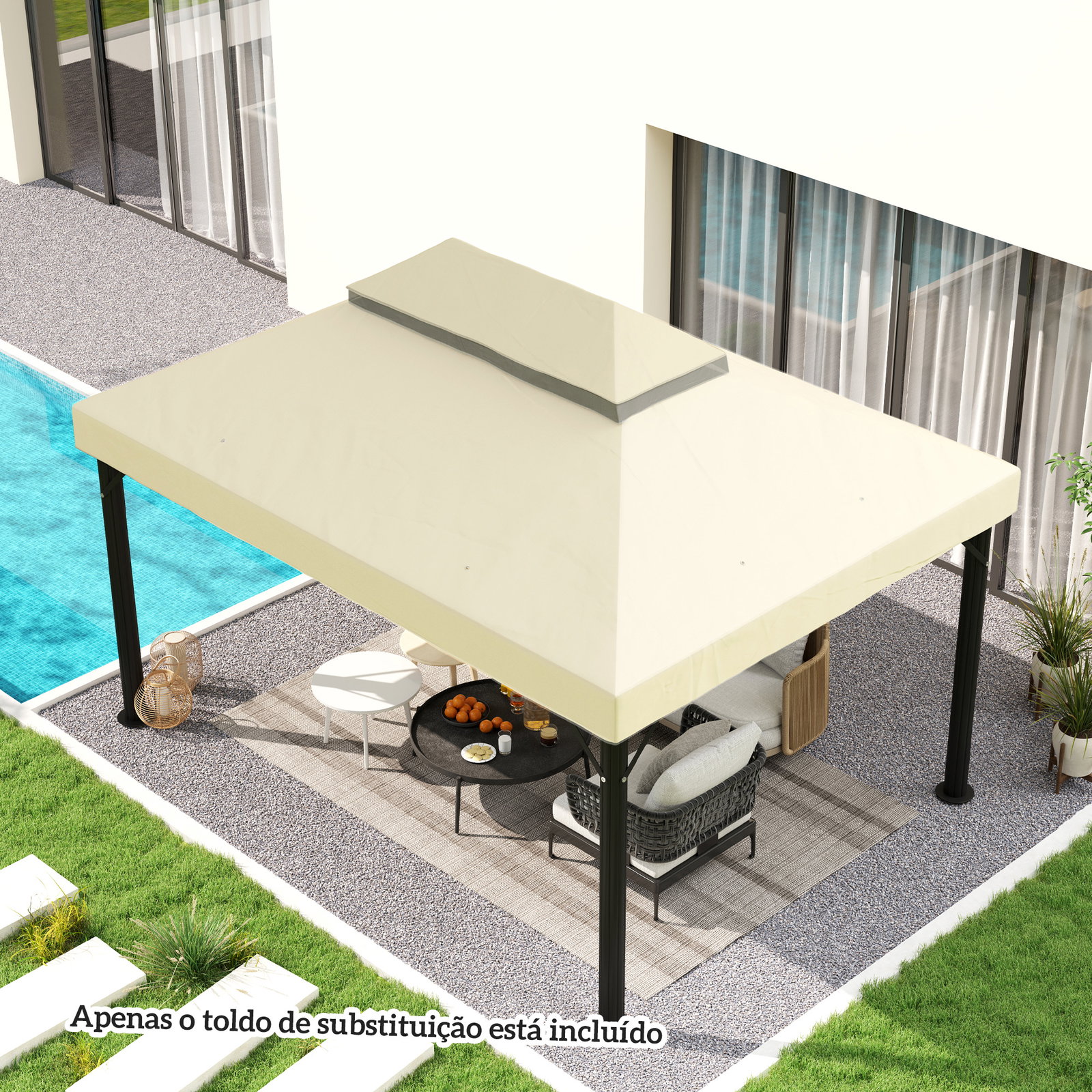 Toldo de substituição para pérgola 4x3 m toldo para pérgola com teto duplo e proteção UV 30+ creme
