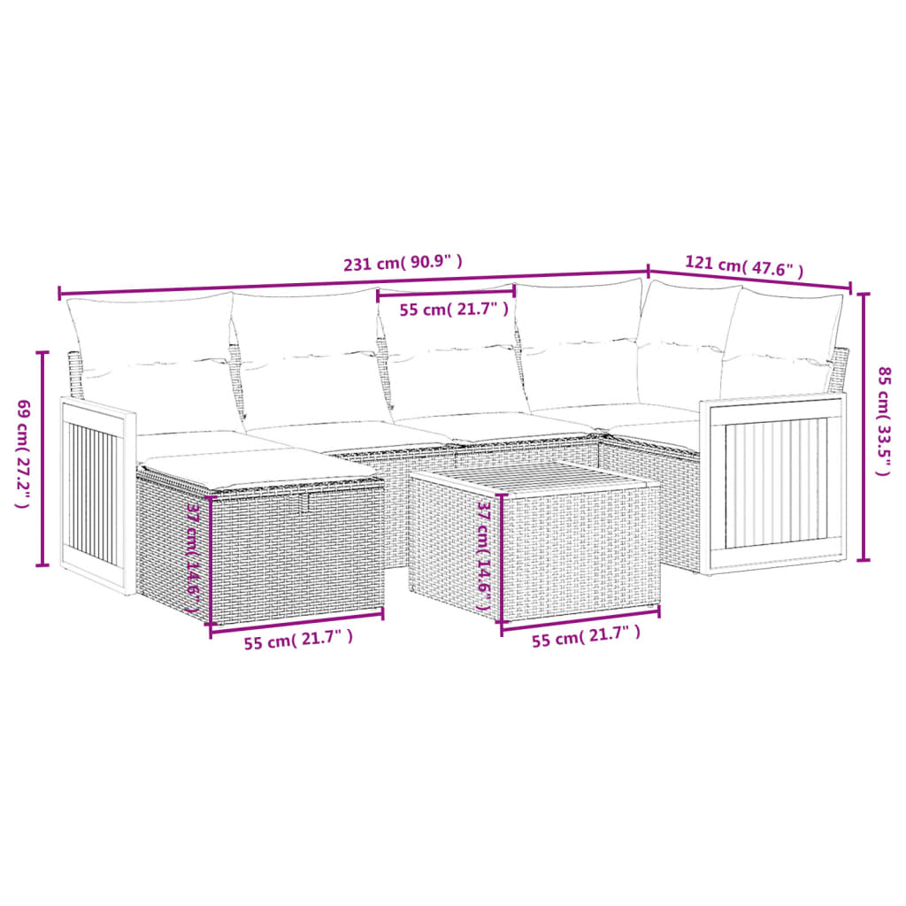 7 Pcs conjunto de sofás p/ jardim com almofadões vime PE bege
