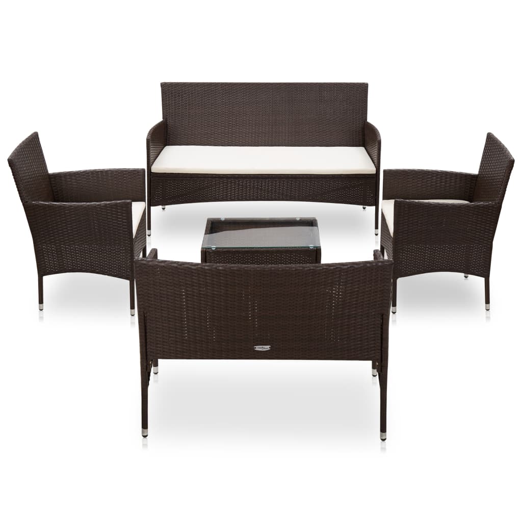 5 Pcs conjunto lounge jardim c/ almofadões vime PE castanho