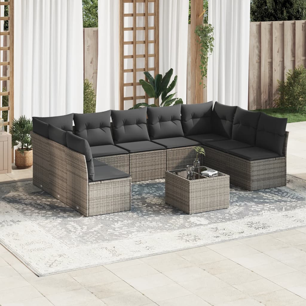 10 Pcs conjunto sofás de jardim c/ almofadões vime PE cinzento