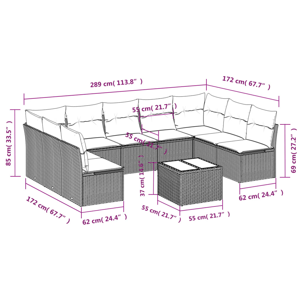 10 Pcs conjunto sofás de jardim c/ almofadões vime PE cinzento
