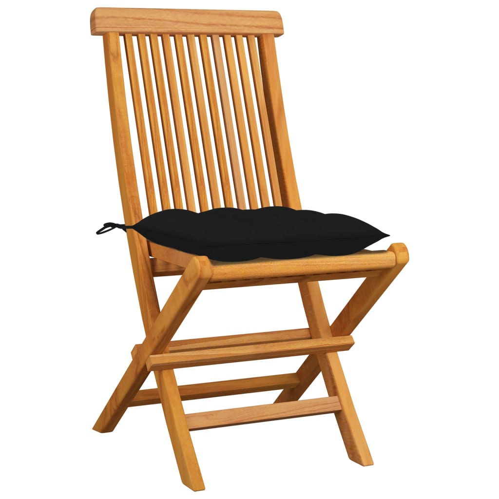 Cadeiras de jardim c/ almofadões pretos 8 pcs teca maciça