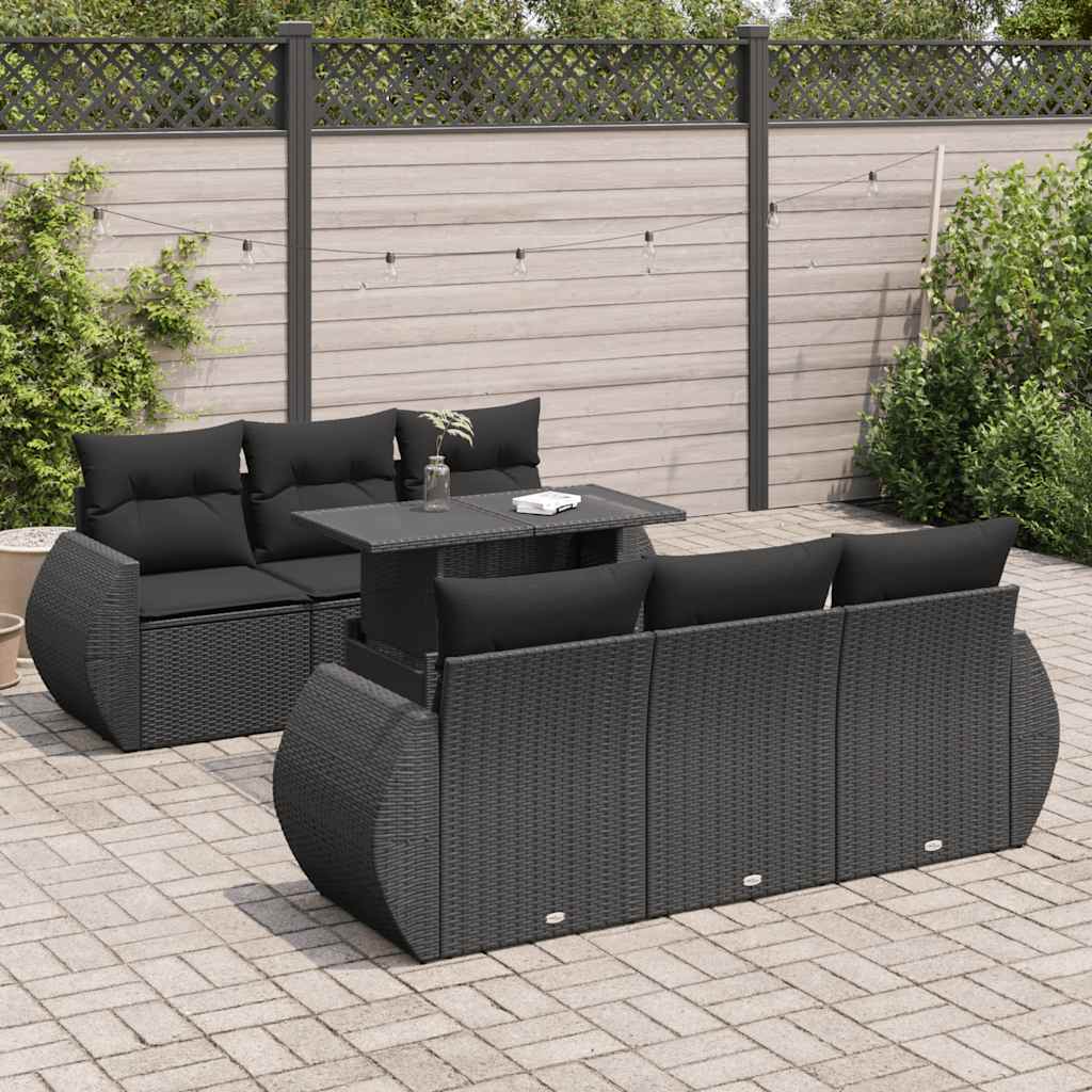7 Pcs conjunto de sofás p/ jardim c/ almofadões vime PE preto