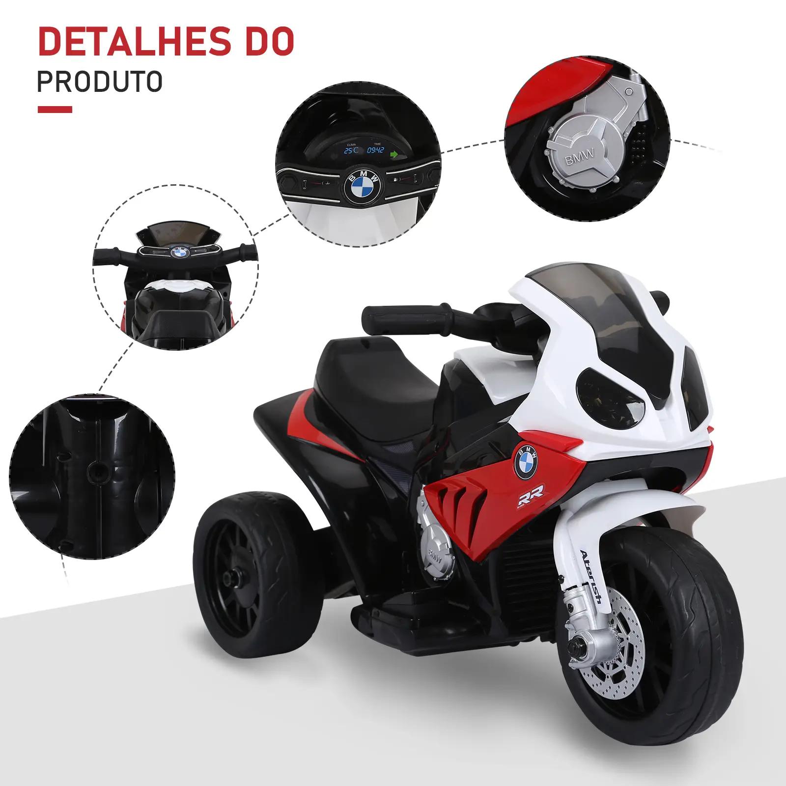Mota elétrica bmw para crianças entre 18-36 meses 6v com faróis música e velocidade máx. de 2,5 km/h 66x37x44 cm vermelho