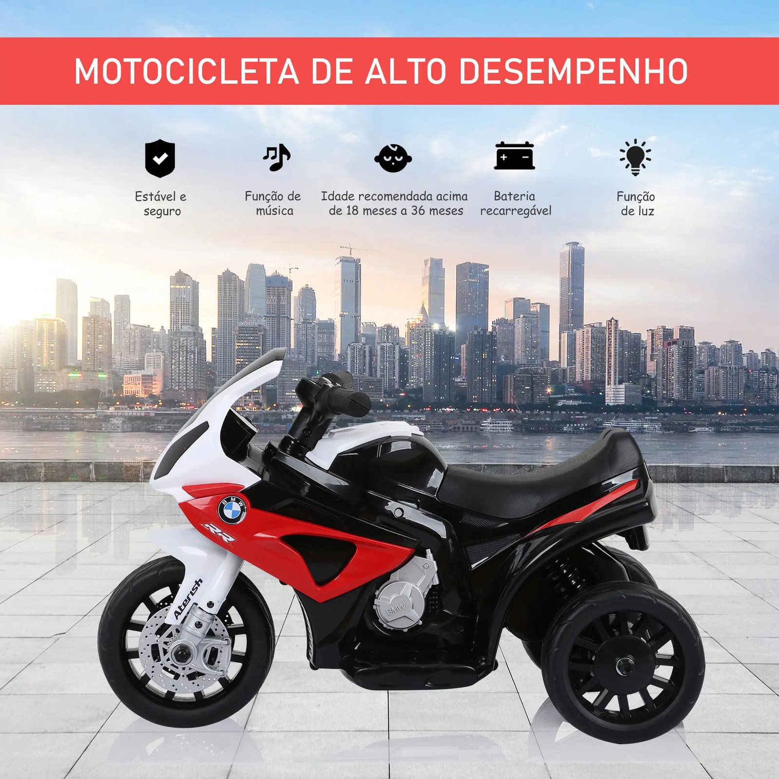 Mota elétrica bmw para crianças entre 18-36 meses 6v com faróis música e velocidade máx. de 2,5 km/h 66x37x44 cm vermelho