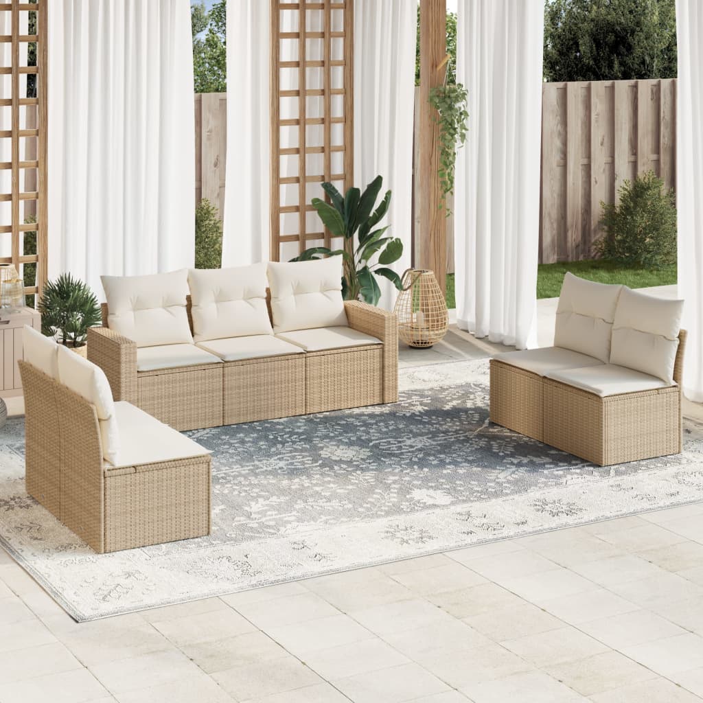 7 Pcs conjunto de sofás p/ jardim com almofadões vime PE bege