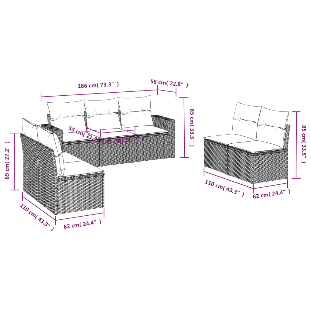 7 Pcs conjunto de sofás p/ jardim com almofadões vime PE bege