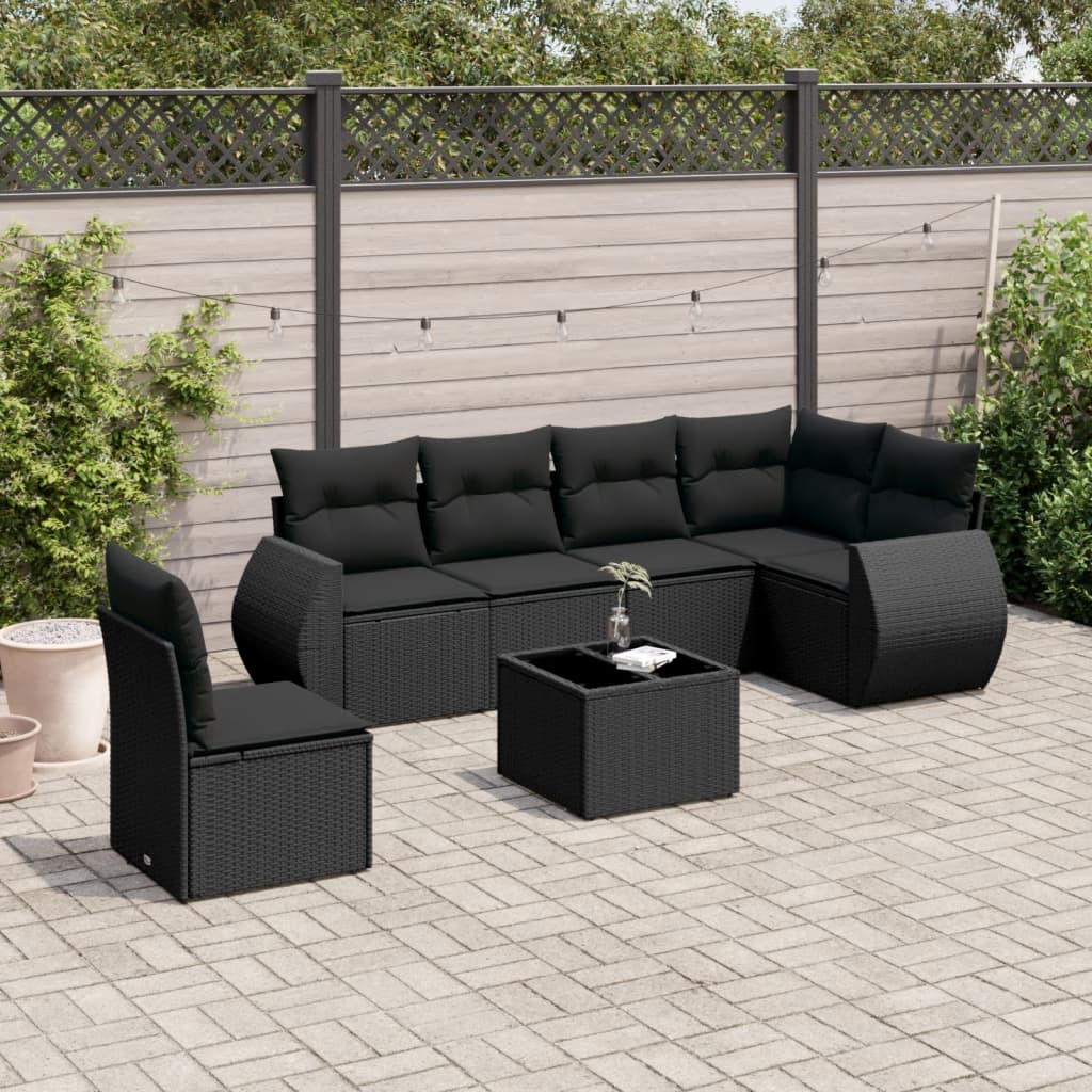 7 Pcs conjunto de sofás p/ jardim c/ almofadões vime PE preto