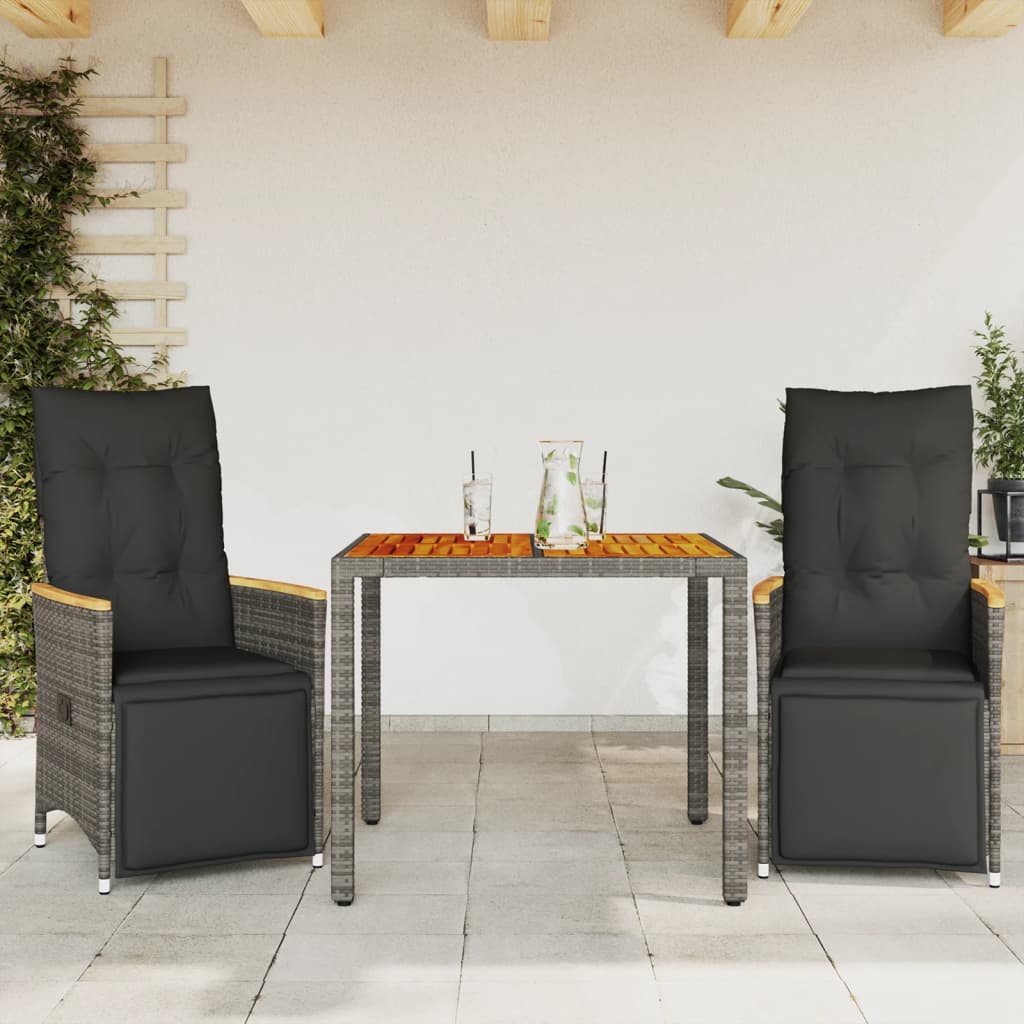 3 Pcs conjunto bistrô de jardim c/ almofadões vime PE cinza