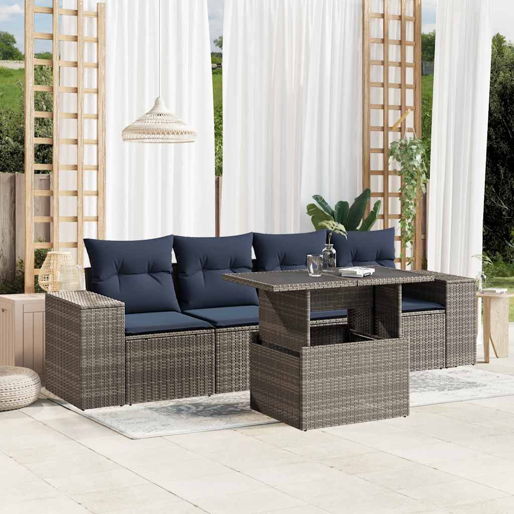 Conjunto de sofá de jardim de 5 peças com almofadas em rattan sintético cinza