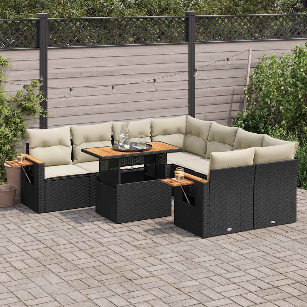 9 Pcs conjunto sofás p/ jardim almofadões vime PE/acácia preto