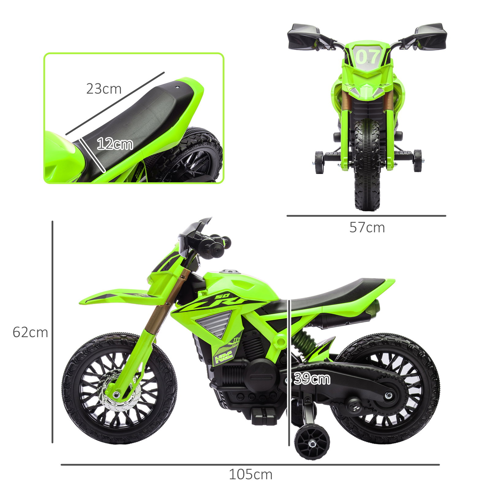 Mota elétrica para crianças moto a bateria para crianças 6v com rodas de treino e buzina 105x57x62 cm verde