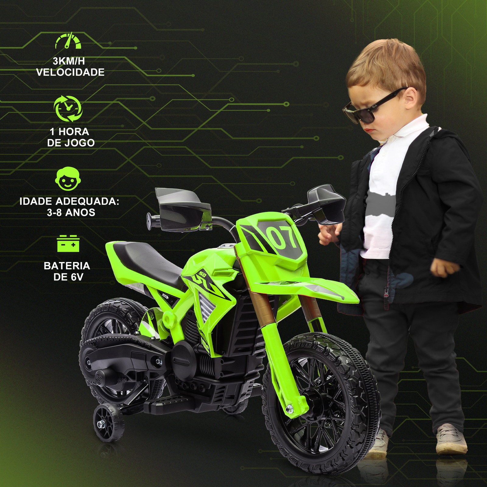 Mota elétrica para crianças moto a bateria para crianças 6v com rodas de treino e buzina 105x57x62 cm verde