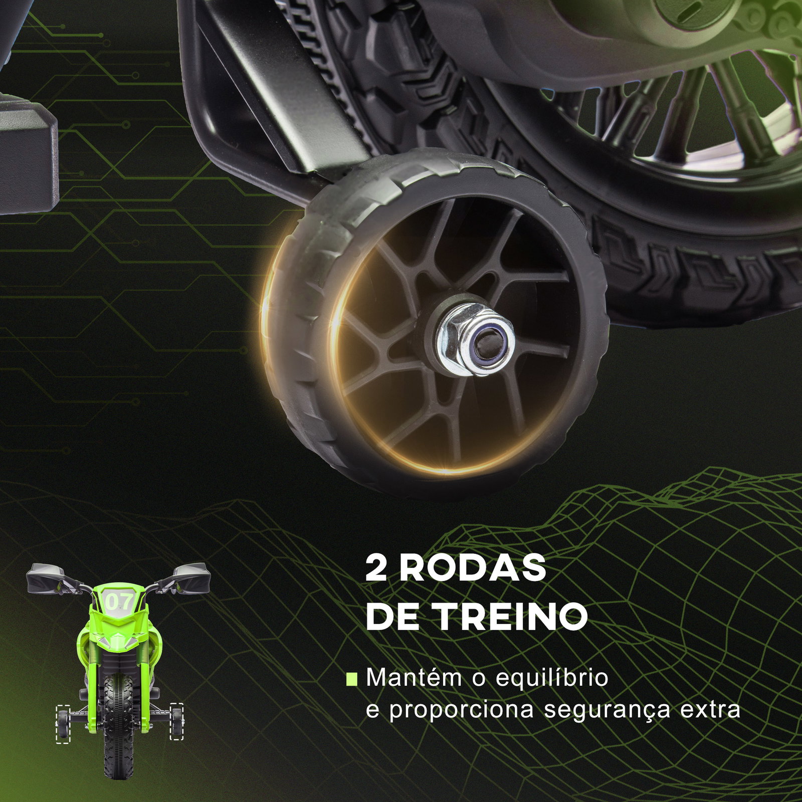 Mota elétrica para crianças moto a bateria para crianças 6v com rodas de treino e buzina 105x57x62 cm verde